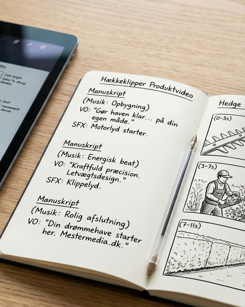 Storyboard og manuskript til en produktvideo skrevet ud i en notesbog på et træbord