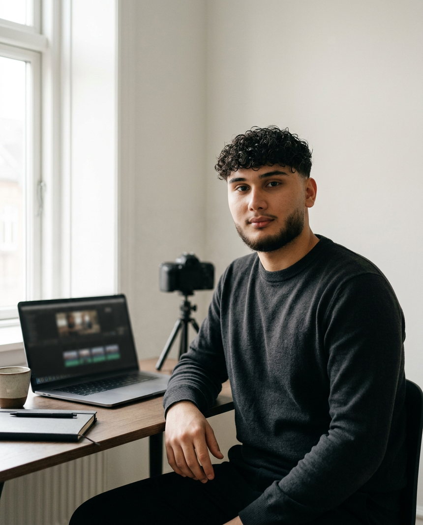 Andy Philipp, ejer af Mestermedia, ved sit skrivebord med laptop og kamera
